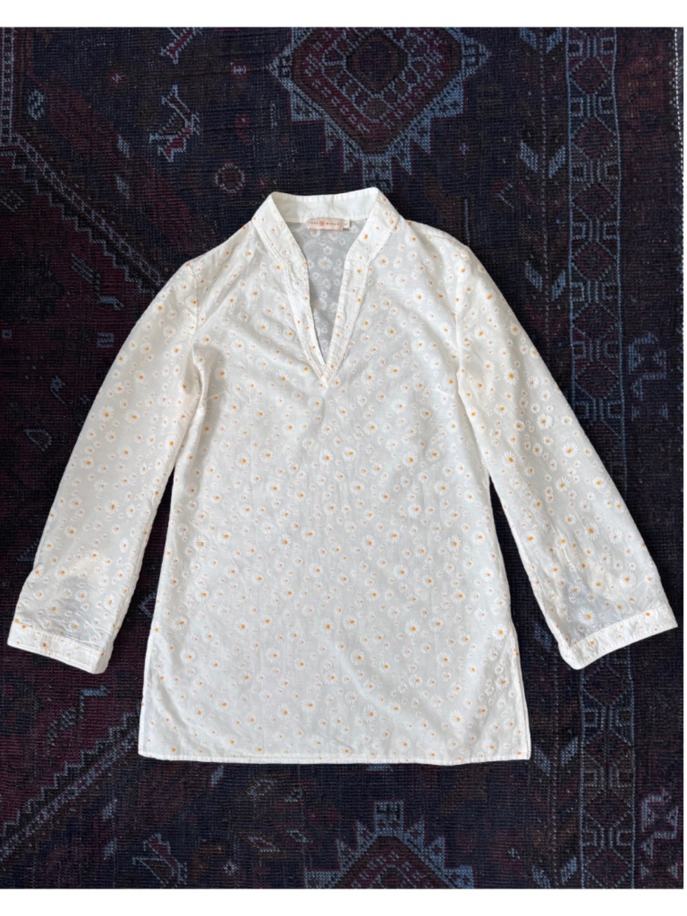 Tory Burch Daisy-Print Floral V-Neck Tunic Blouse | Size Small | Ivory White